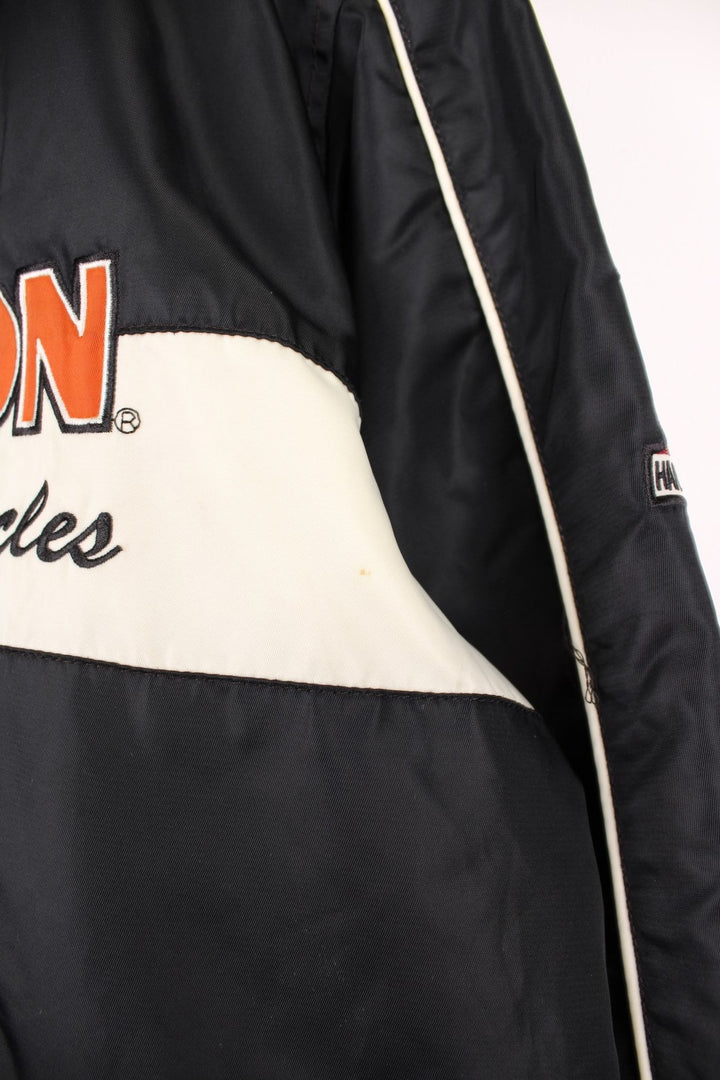 Harley-Davidson black and white zip through motorcycle bomber jacket, features all over embroidered spell-out details 