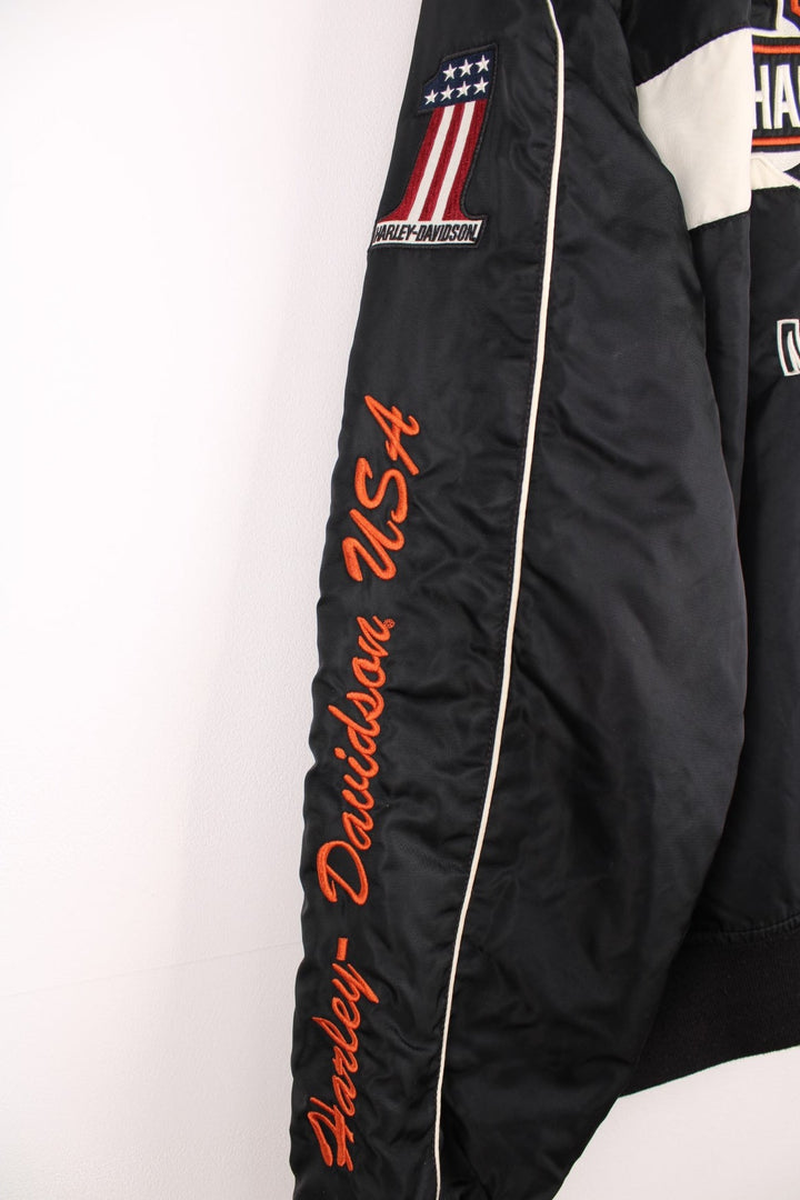 Harley-Davidson black and white zip through motorcycle bomber jacket, features all over embroidered spell-out details 