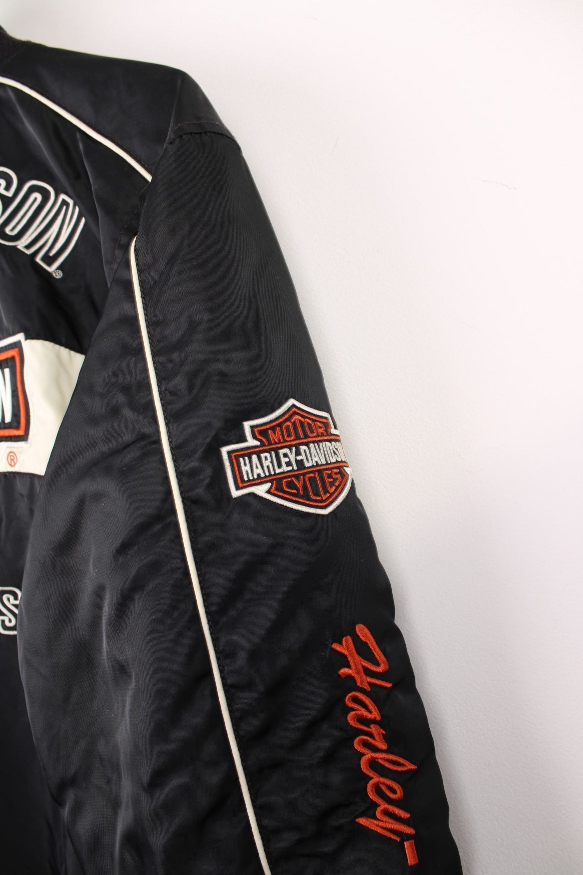 Harley-Davidson black and white zip through motorcycle bomber jacket, features all over embroidered spell-out details 