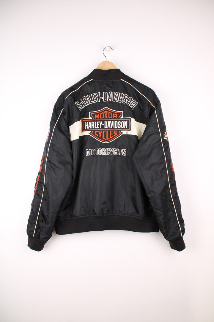 Harley-Davidson black and white zip through motorcycle bomber jacket, features all over embroidered spell-out details 