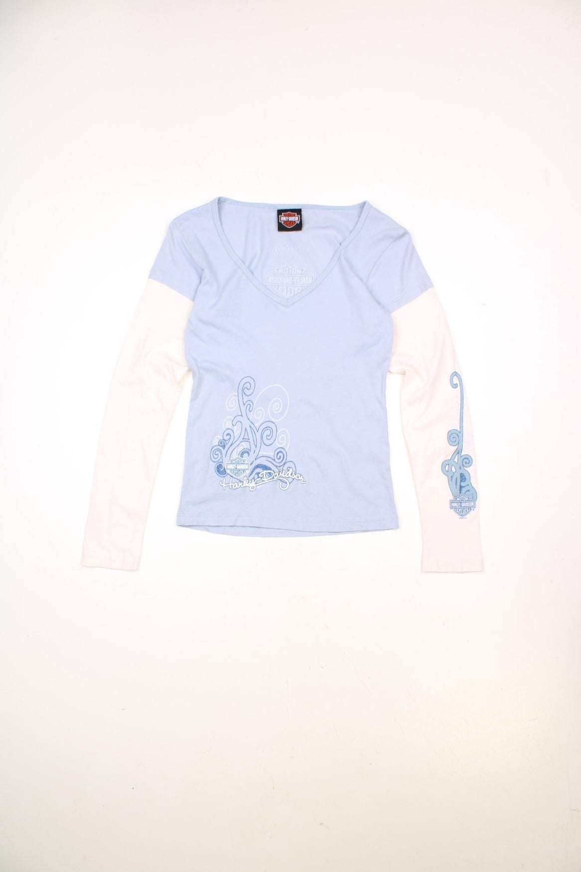 Harley-Davidson baby blue & white baseball tee with printed tattoo style graphic on the front and sleeves