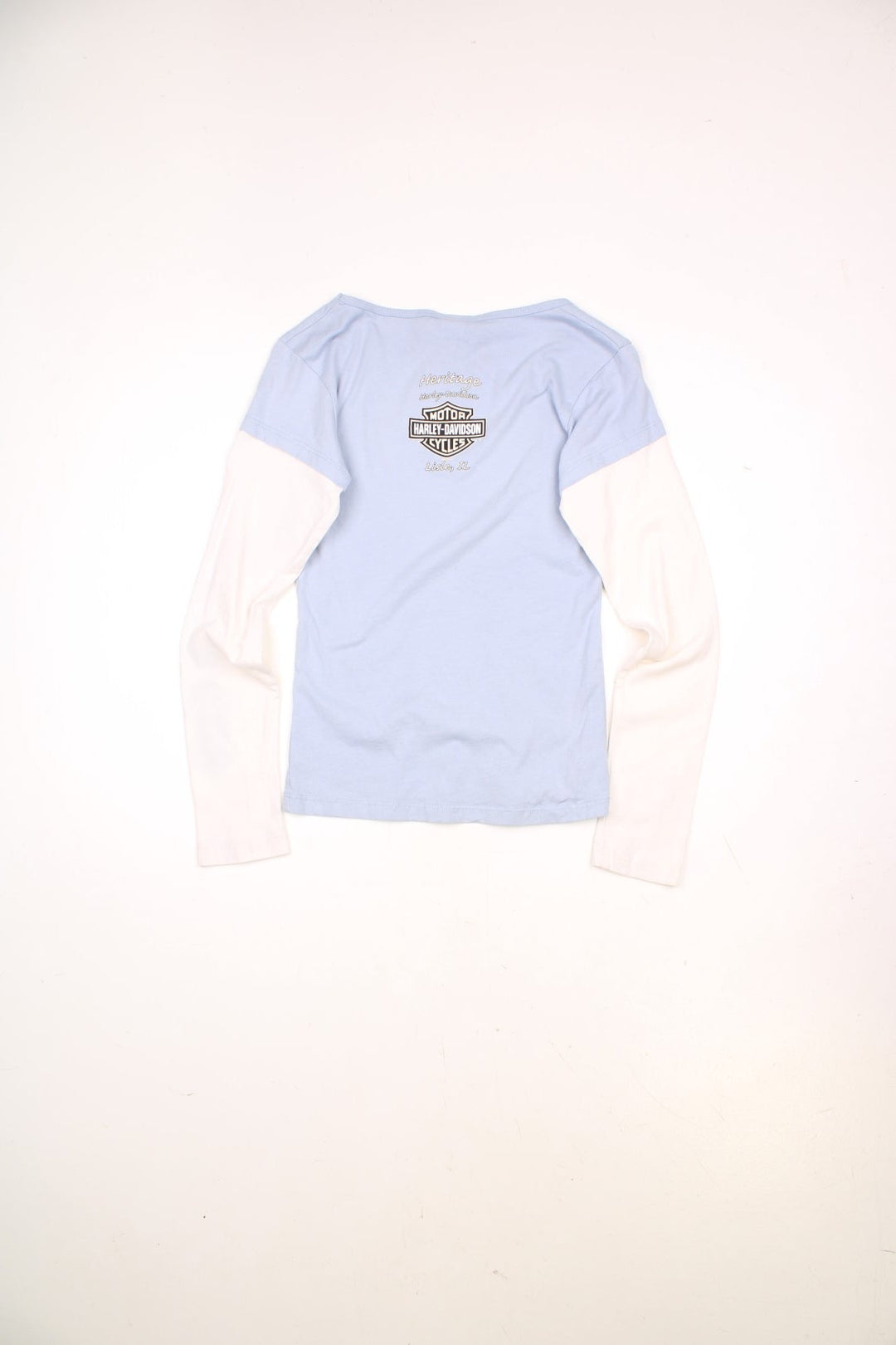 Harley-Davidson baby blue & white baseball tee with printed tattoo style graphic on the front and sleeves