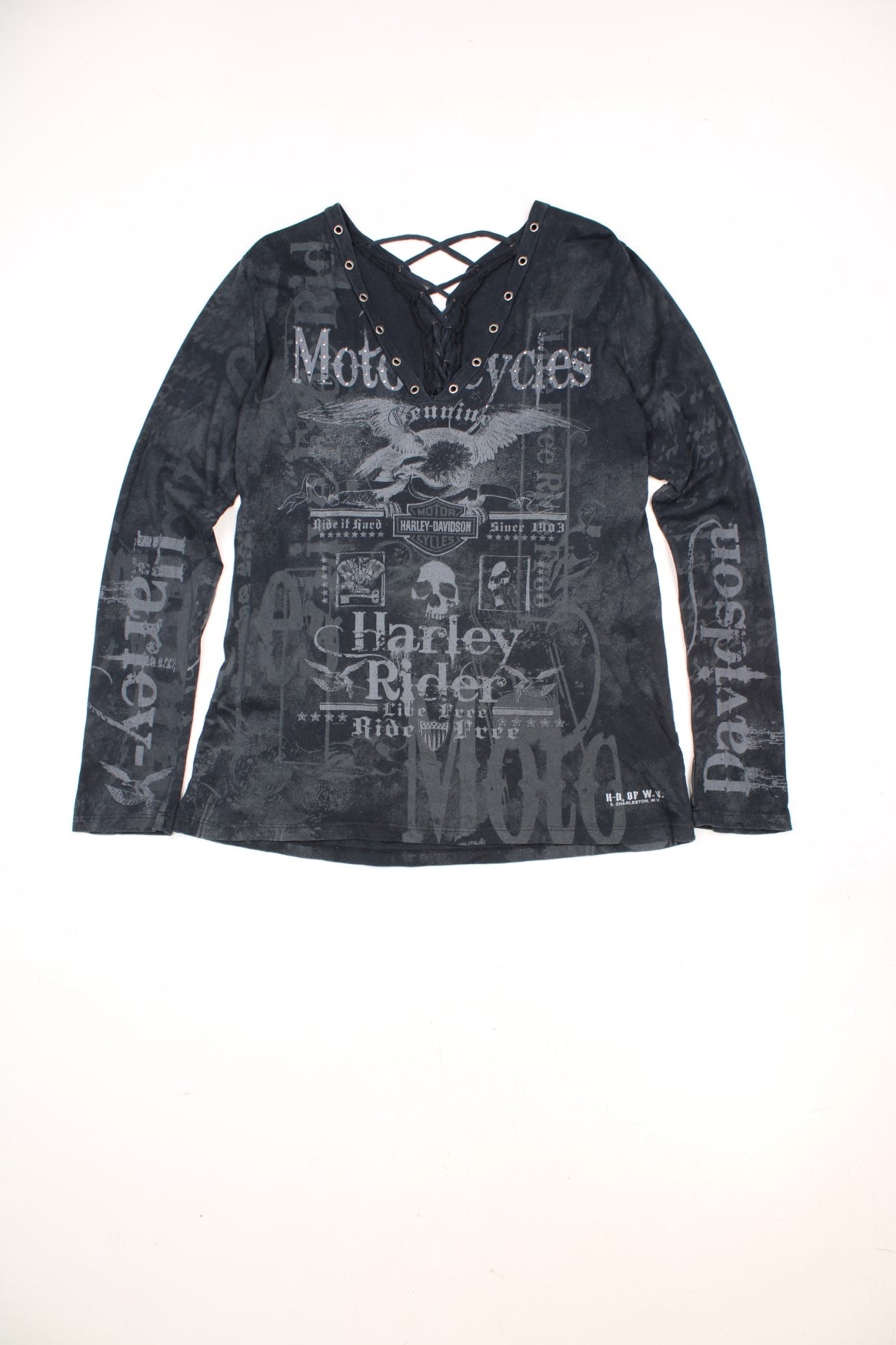 Harley-Davidson faded black long sleeve top with all over text print, studded details and lace up back