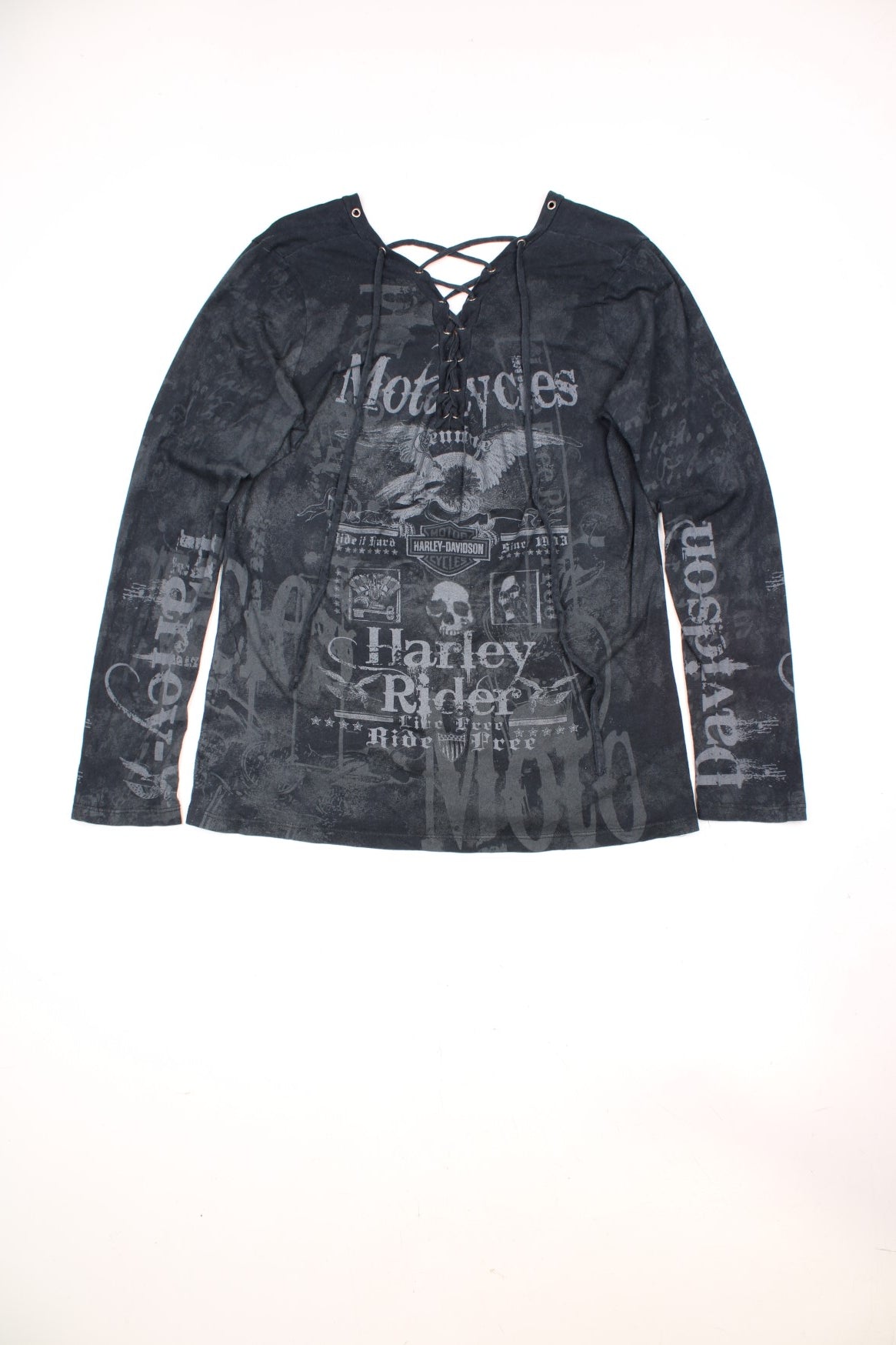 Harley-Davidson faded black long sleeve top with all over text print, studded details and lace up back