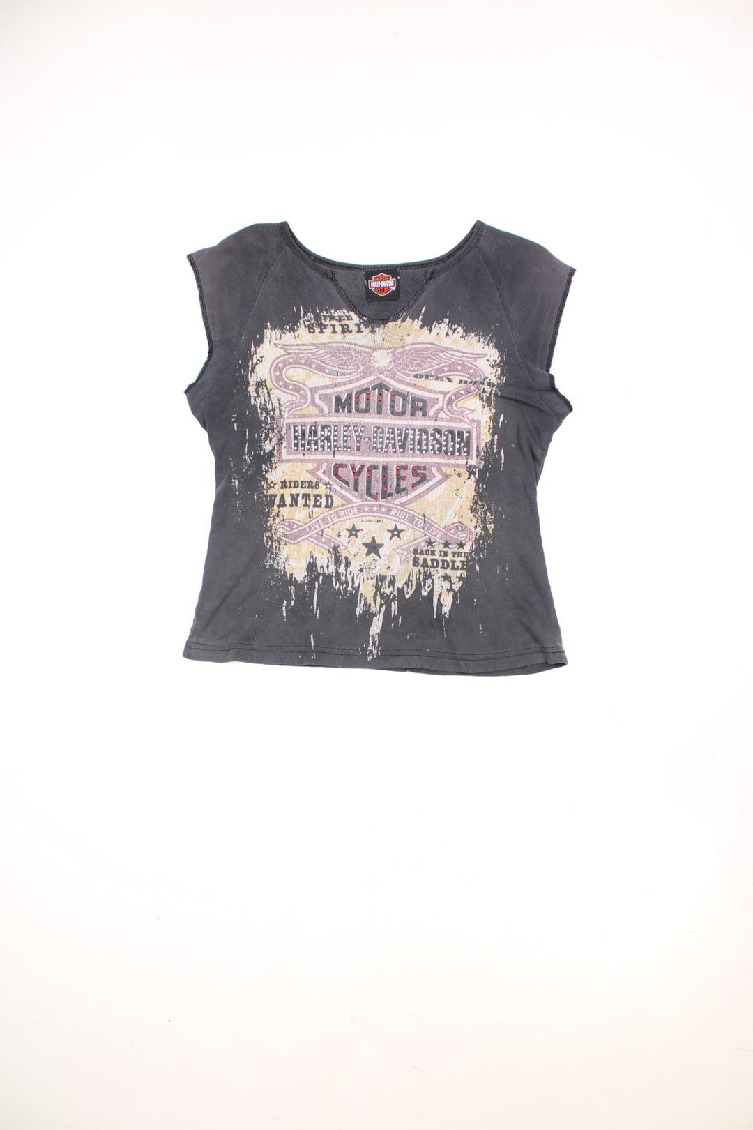 Harley-Davidson women's faded v-neck grey vest top with printed graphic on the front, and diamante details 