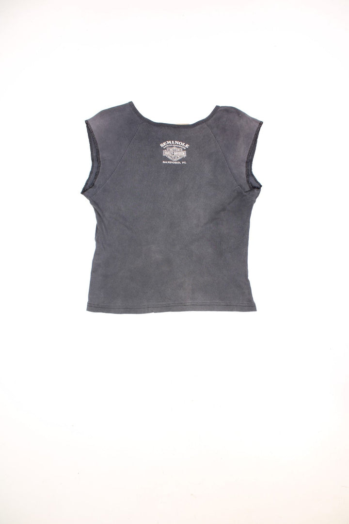 Harley-Davidson women's faded v-neck grey vest top with printed graphic on the front, and diamante details 