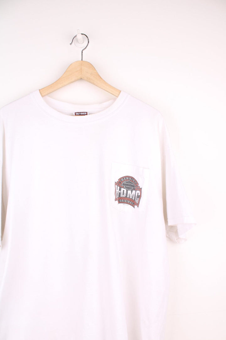 Harley Davidson T-Shirt in a white colourway with the logo printed on the front and on the back a big graphic, also has a chest pocket. 