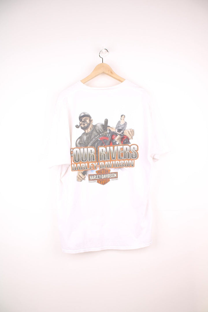 Harley Davidson T-Shirt in a white colourway with the logo printed on the front and on the back a big graphic, also has a chest pocket. 