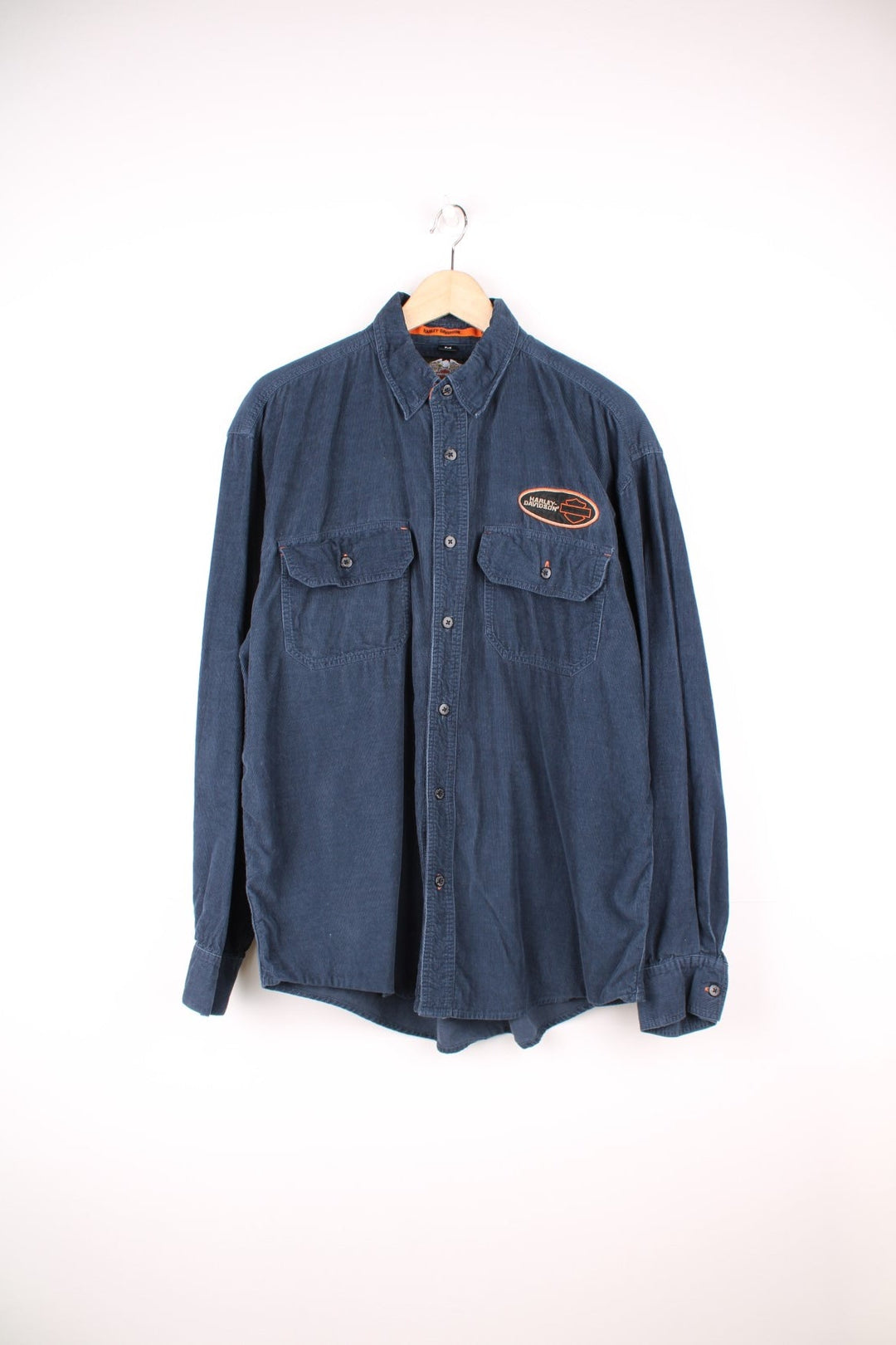 Harley Davidson Corduroy Shirt in a blue colourway, button up with double chest pockets, and has the logo embroidered on the front. 