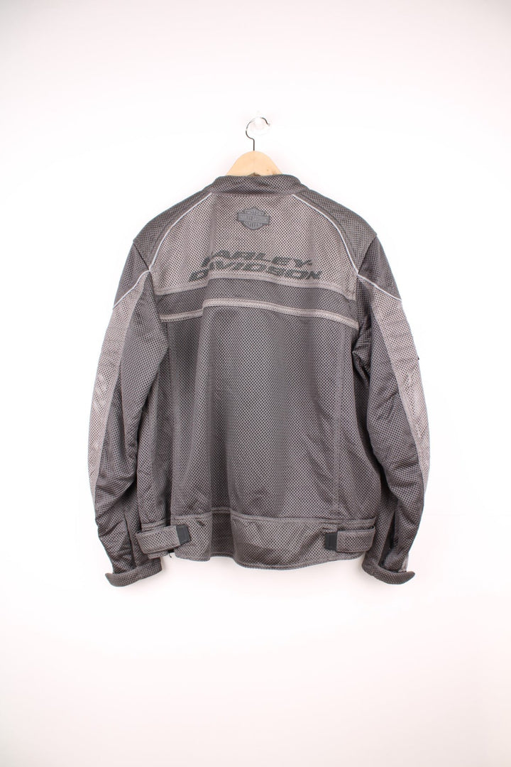 Harley Davidson Affinity Mesh Motorbike Jacket in a grey colourway, zip up with multiple pockets, and has the spell out logo printed on the front and back.