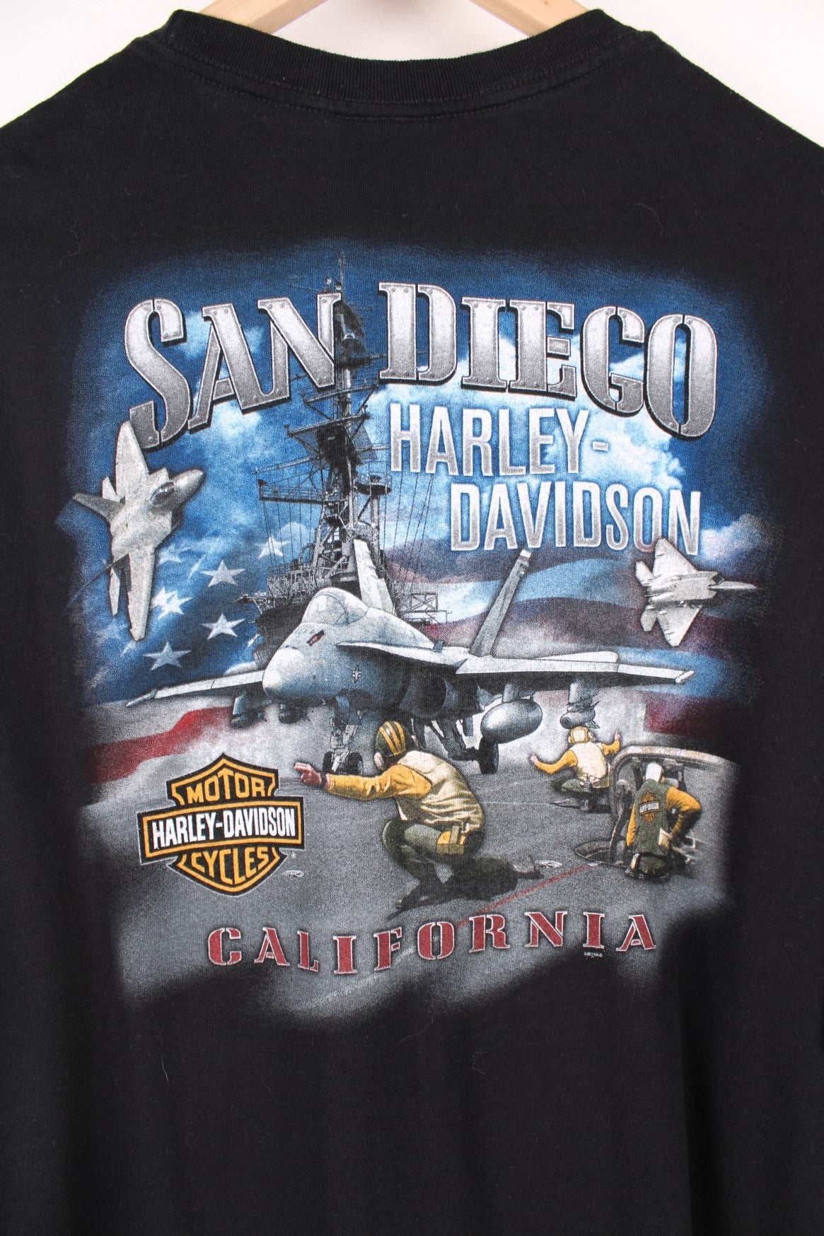 2013 Harley Davidson, San Diego T-Shirt with printed spell out logo across the chest and graphic print on the back.