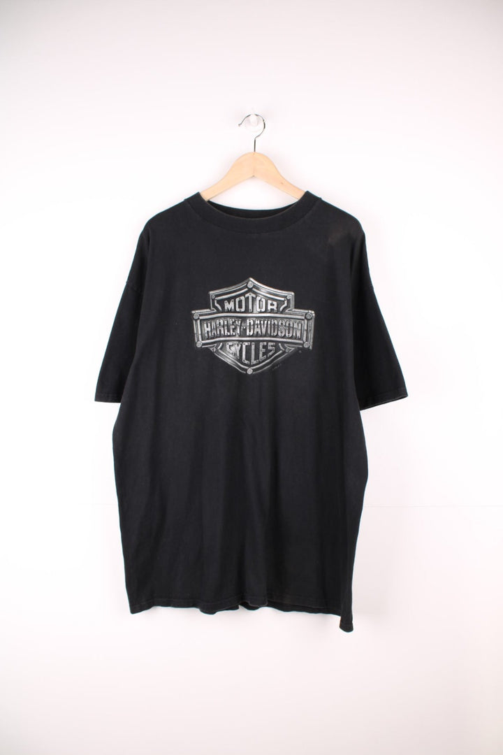 Vintage 90s Harley Davidson Golden Gate, Sausalito, California T-Shirt with printed logo on the front and graphic print on the back.