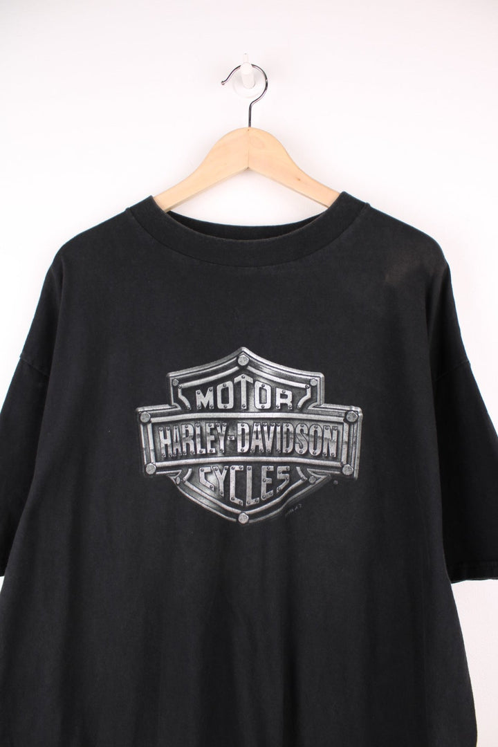 Vintage 90s Harley Davidson Golden Gate, Sausalito, California T-Shirt with printed logo on the front and graphic print on the back.