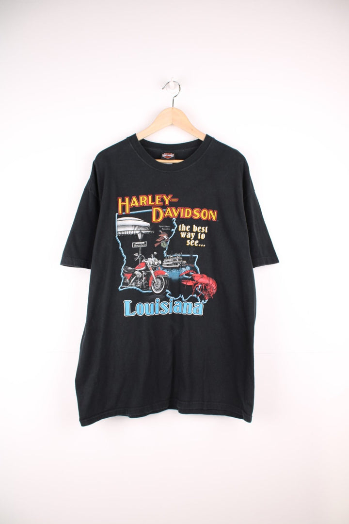 Vintage Harley Davidson Bleu Bayou, Monroe, LA T-Shirt with graphic print on the front and back.