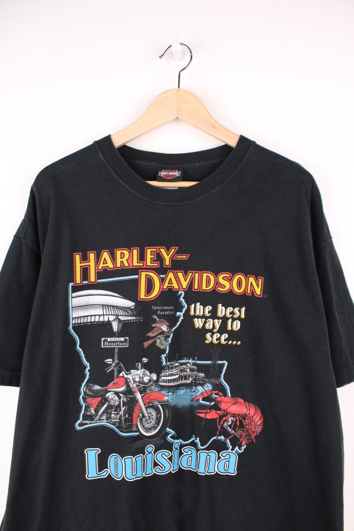 Vintage Harley Davidson Bleu Bayou, Monroe, LA T-Shirt with graphic print on the front and back.