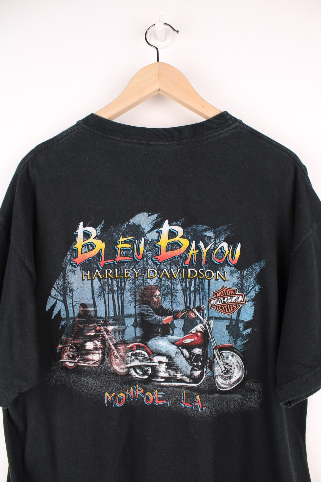 Vintage Harley Davidson Bleu Bayou, Monroe, LA T-Shirt with graphic print on the front and back.