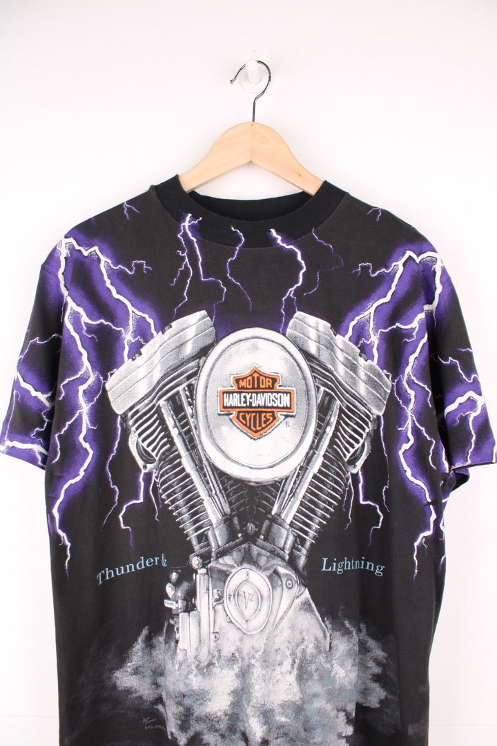 Vintage 90s Harley Davidson Thunder and Lightning single stitch T-Shirt in black and purple.