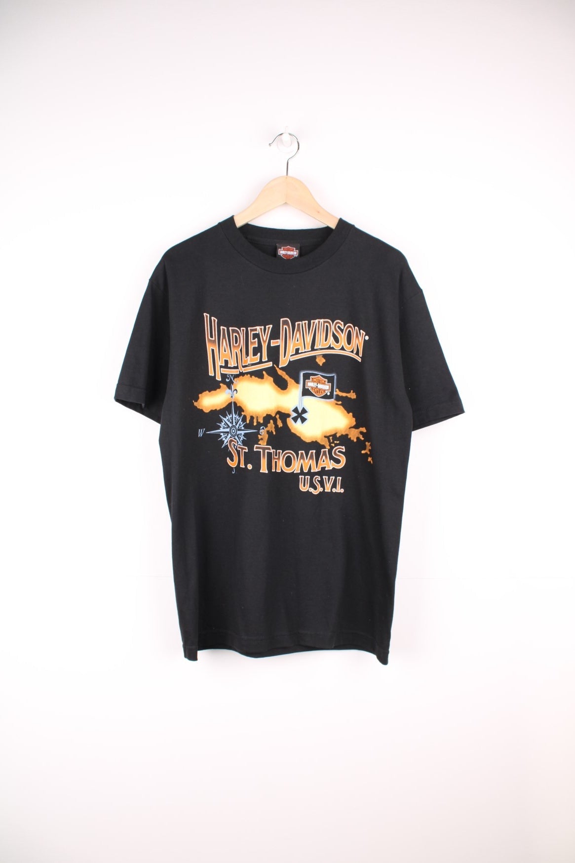 Harley Davidson St.Thomas U.S.V.I T-Shirt with printed spell out logo and map print on the front and back.