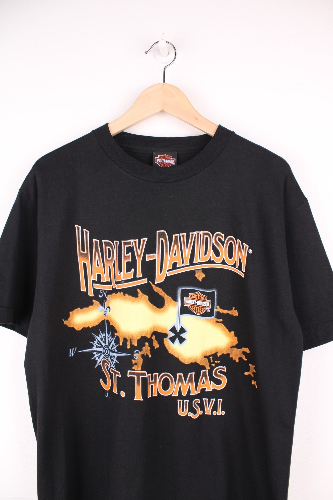 Harley Davidson St.Thomas U.S.V.I T-Shirt with printed spell out logo and map print on the front and back.