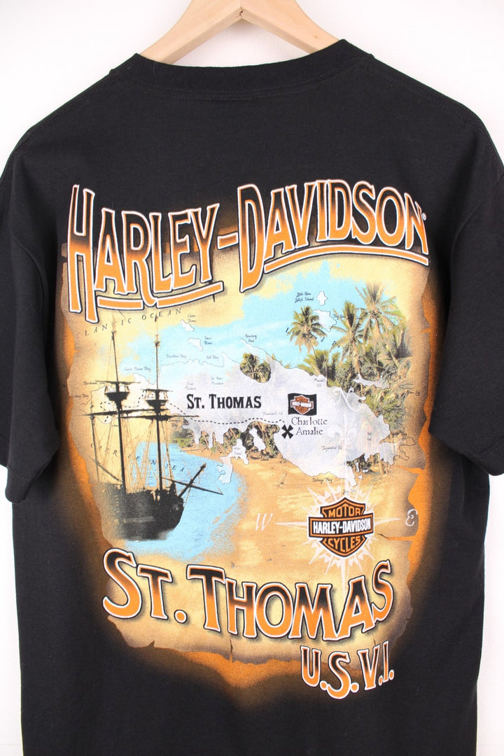 Harley Davidson St.Thomas U.S.V.I T-Shirt with printed spell out logo and map print on the front and back.