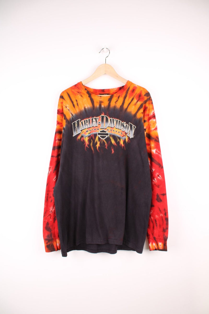 Harley Davidson long sleeved tie dye T-Shirt in black, orange and red. Features printed spell out logo across the chest. 