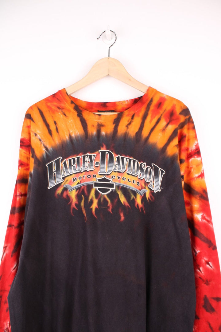 Harley Davidson long sleeved tie dye T-Shirt in black, orange and red. Features printed spell out logo across the chest. 