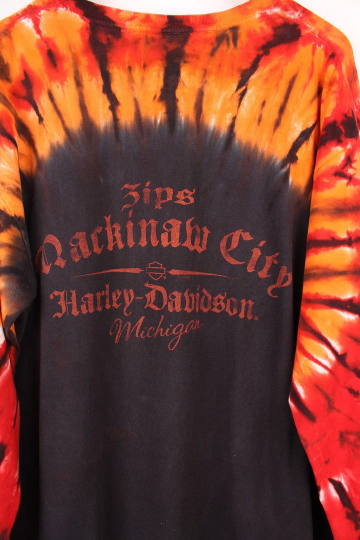 Harley Davidson long sleeved tie dye T-Shirt in black, orange and red. Features printed spell out logo across the chest. 