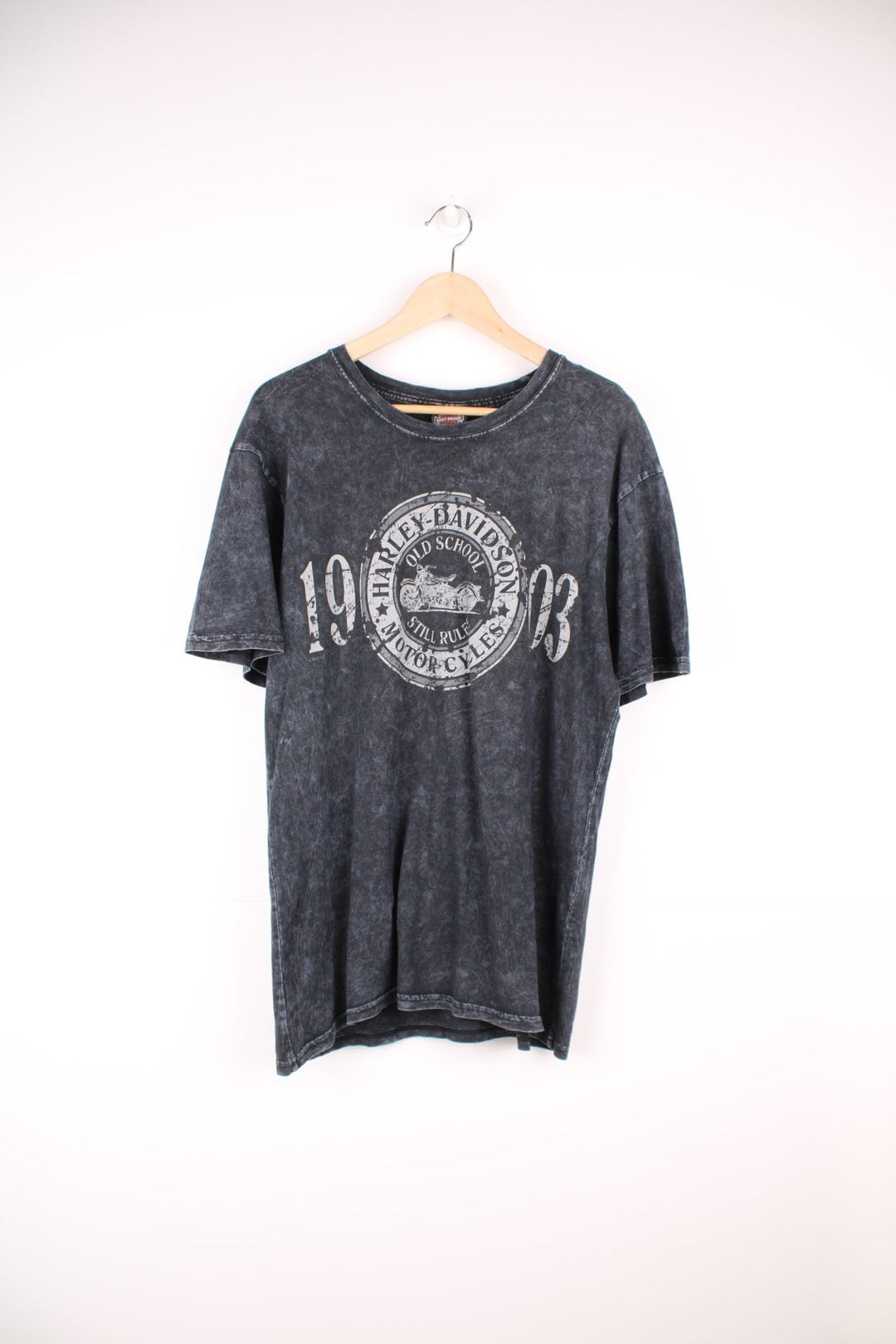 Harley Davidson Morgantown, WV T-Shirt in grey acid wash. Features graphic print on the front and back. 