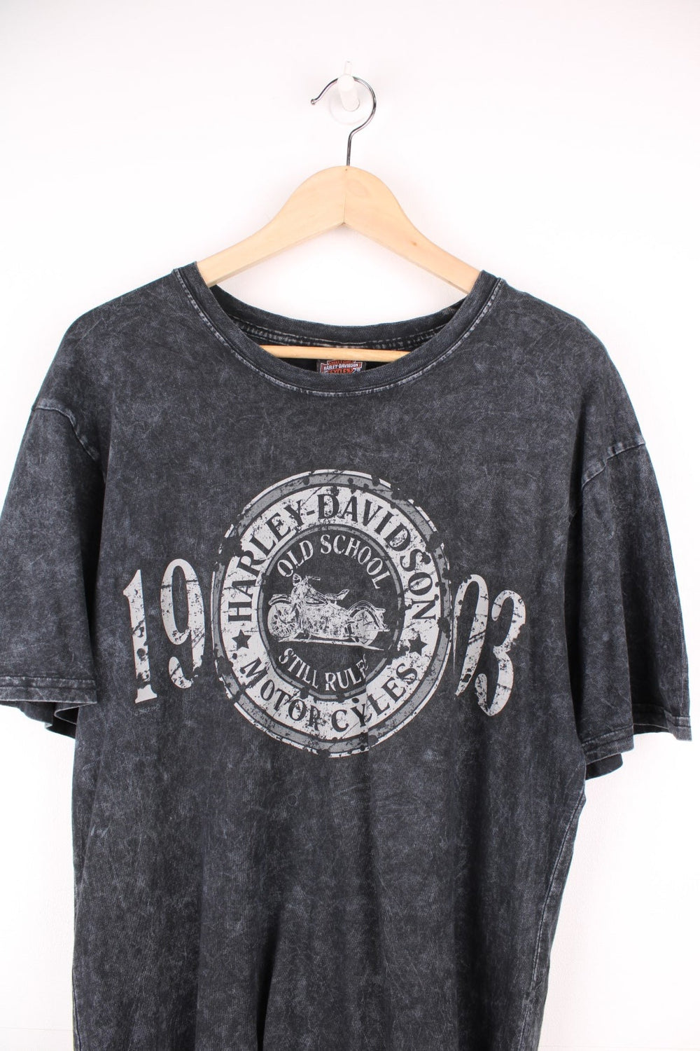 Harley Davidson Morgantown, WV T-Shirt in grey acid wash. Features graphic print on the front and back. 