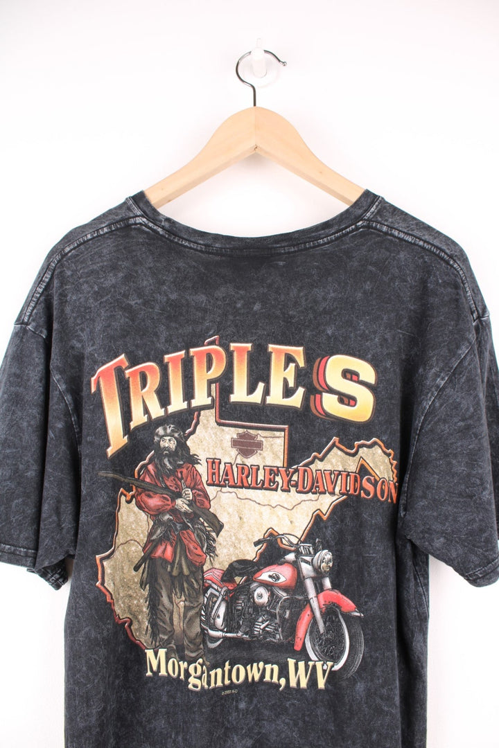 Harley Davidson Morgantown, WV T-Shirt in grey acid wash. Features graphic print on the front and back. 