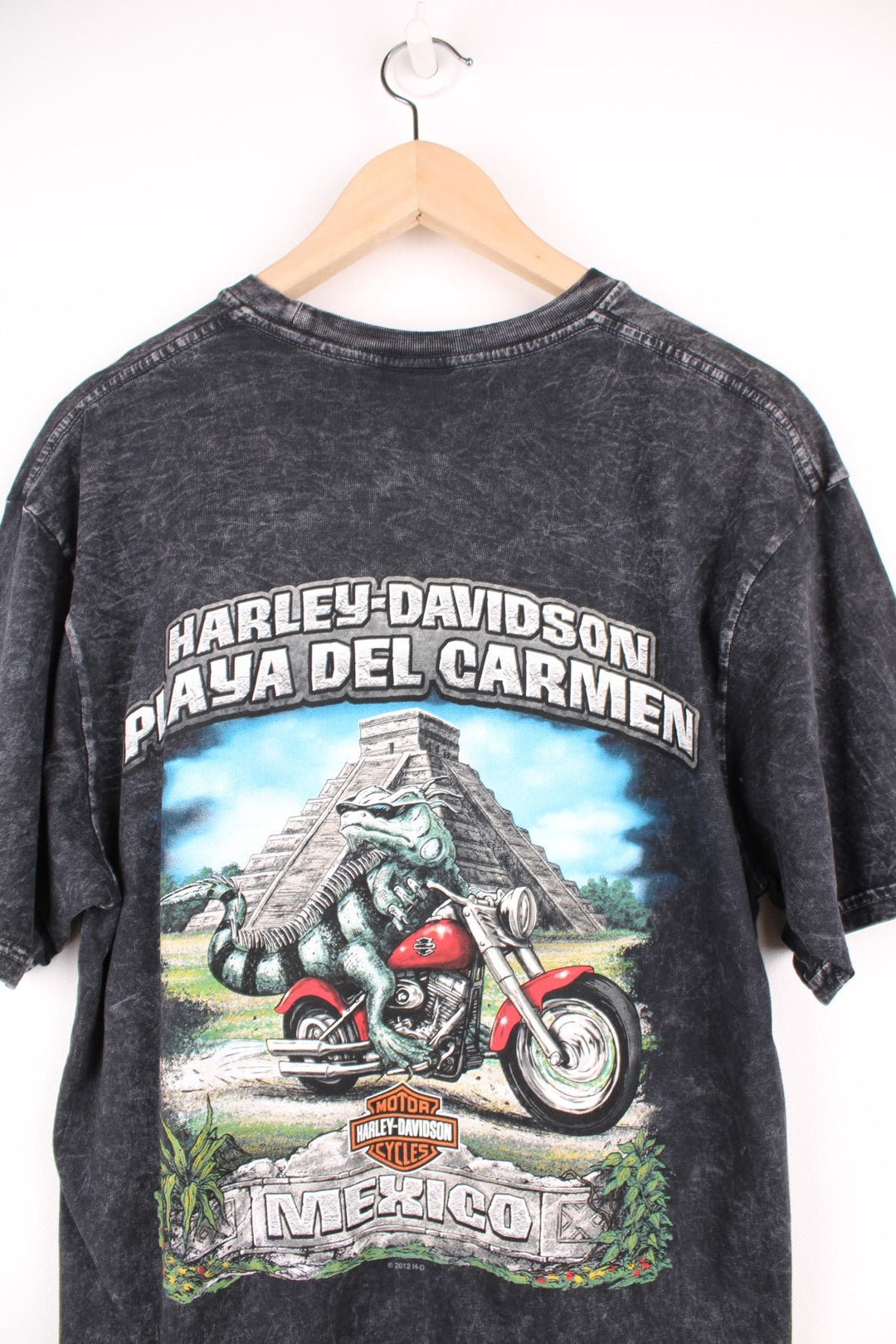 Harley Davidson Playa Del Carmen, Mexico, Brotherhood T-Shirt in grey acid wash. Features printed logo on the front and graphic print on the back.