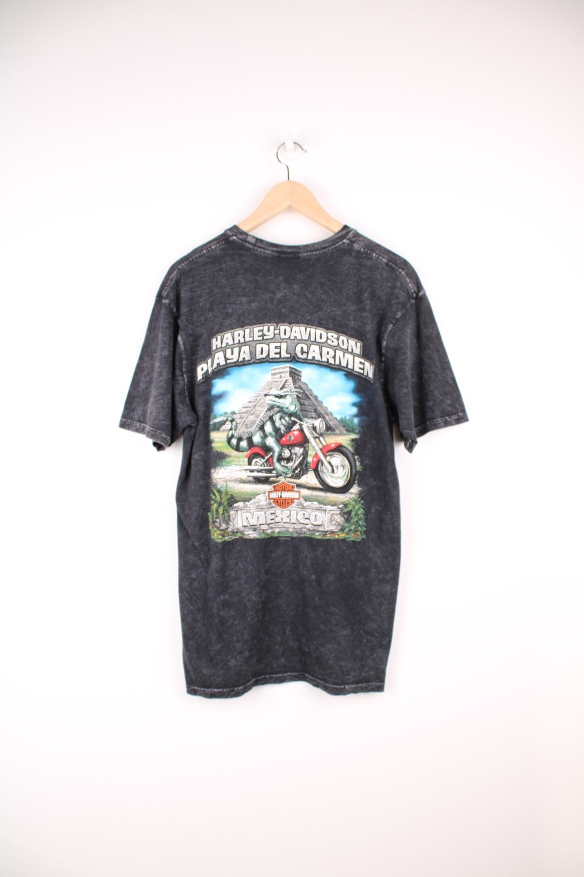 Harley Davidson Playa Del Carmen, Mexico, Brotherhood T-Shirt in grey acid wash. Features printed logo on the front and graphic print on the back.