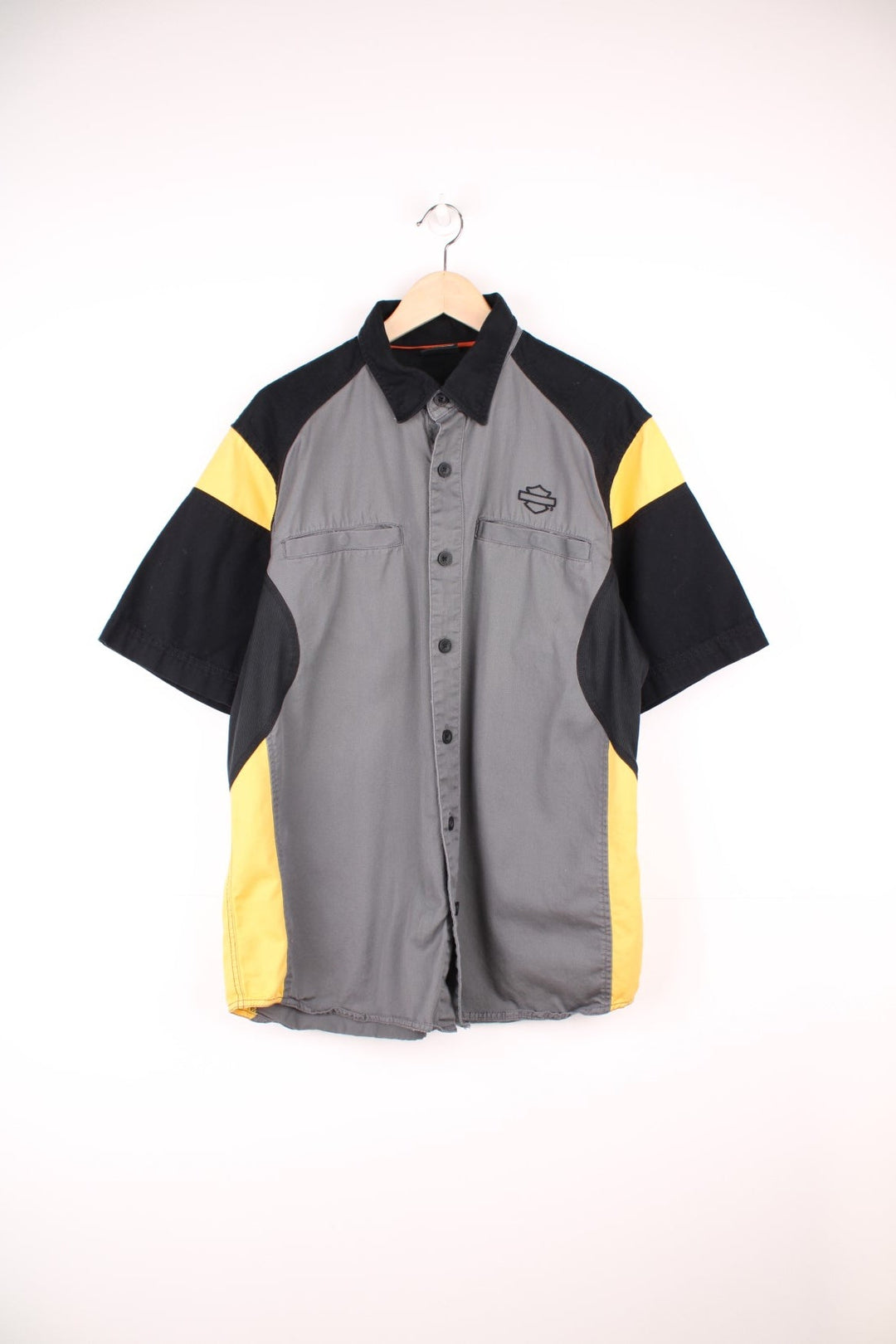 Harley Davidson grey, black and yellow button through shirt with chest pockets and embroidered spell out logo across the back. 