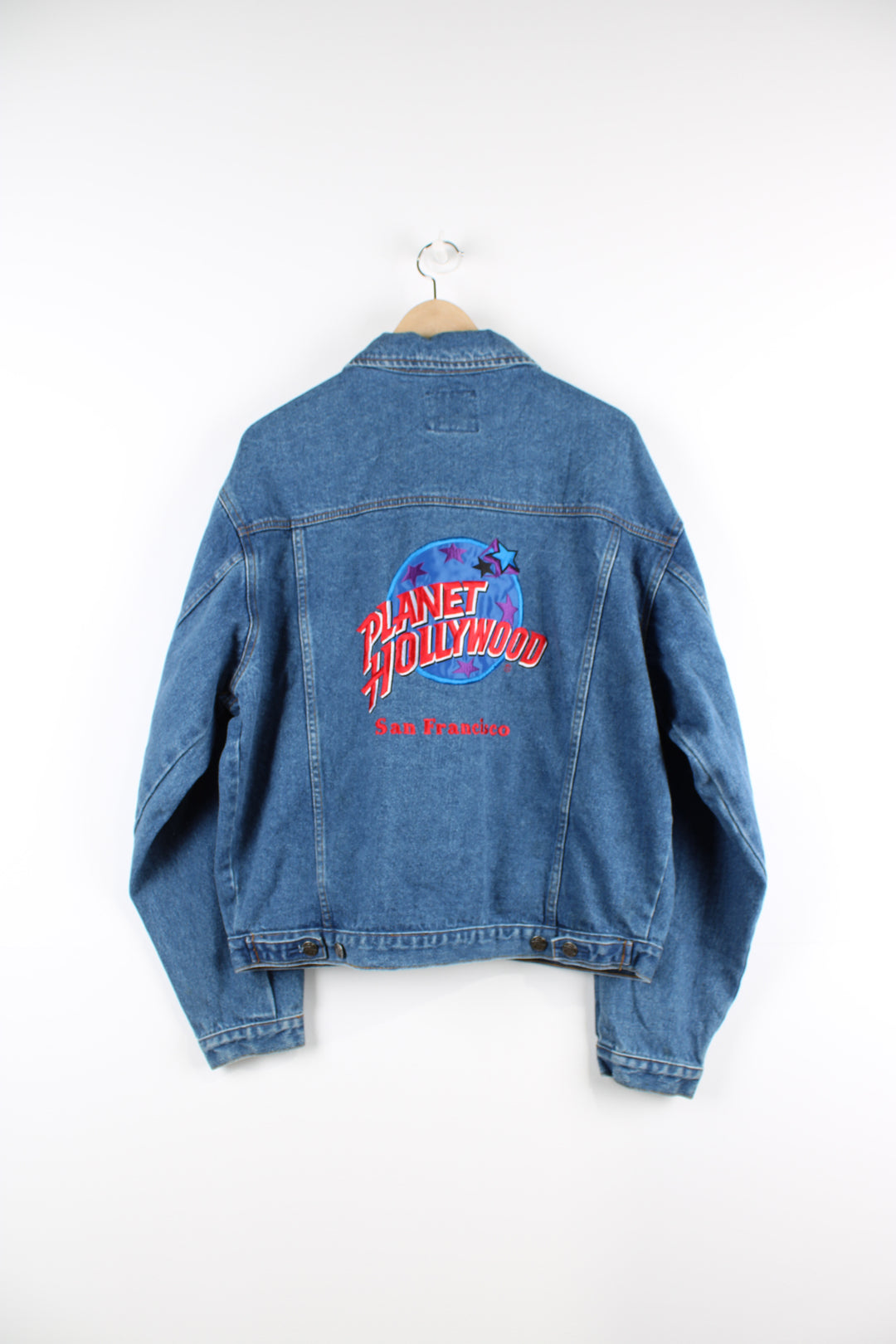 Vintage 00's Planet Hollywood denim jacket with embroidered logo on the chest and bigger on the back with San Francisco spell-out