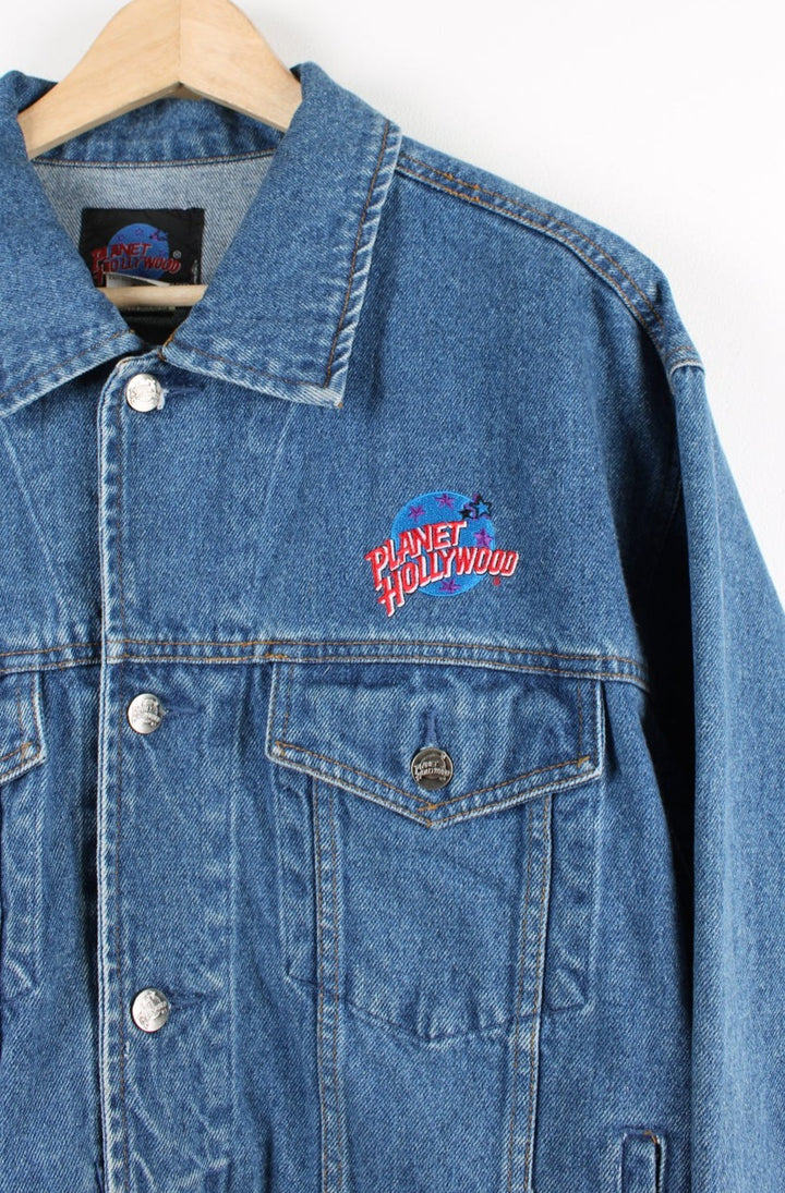 Vintage 00's Planet Hollywood denim jacket with embroidered logo on the chest and bigger on the back with San Francisco spell-out