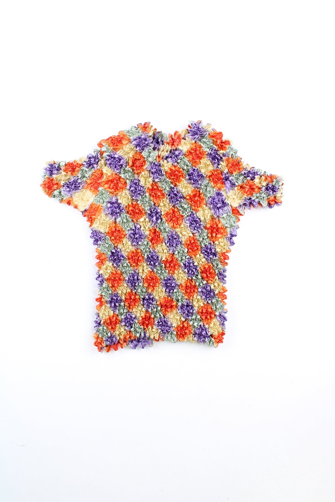 Orange, purple and yellow diamond print popcorn top. good condition - some loose threads Size in Label: No size - stretches to fit sizes XS - XL