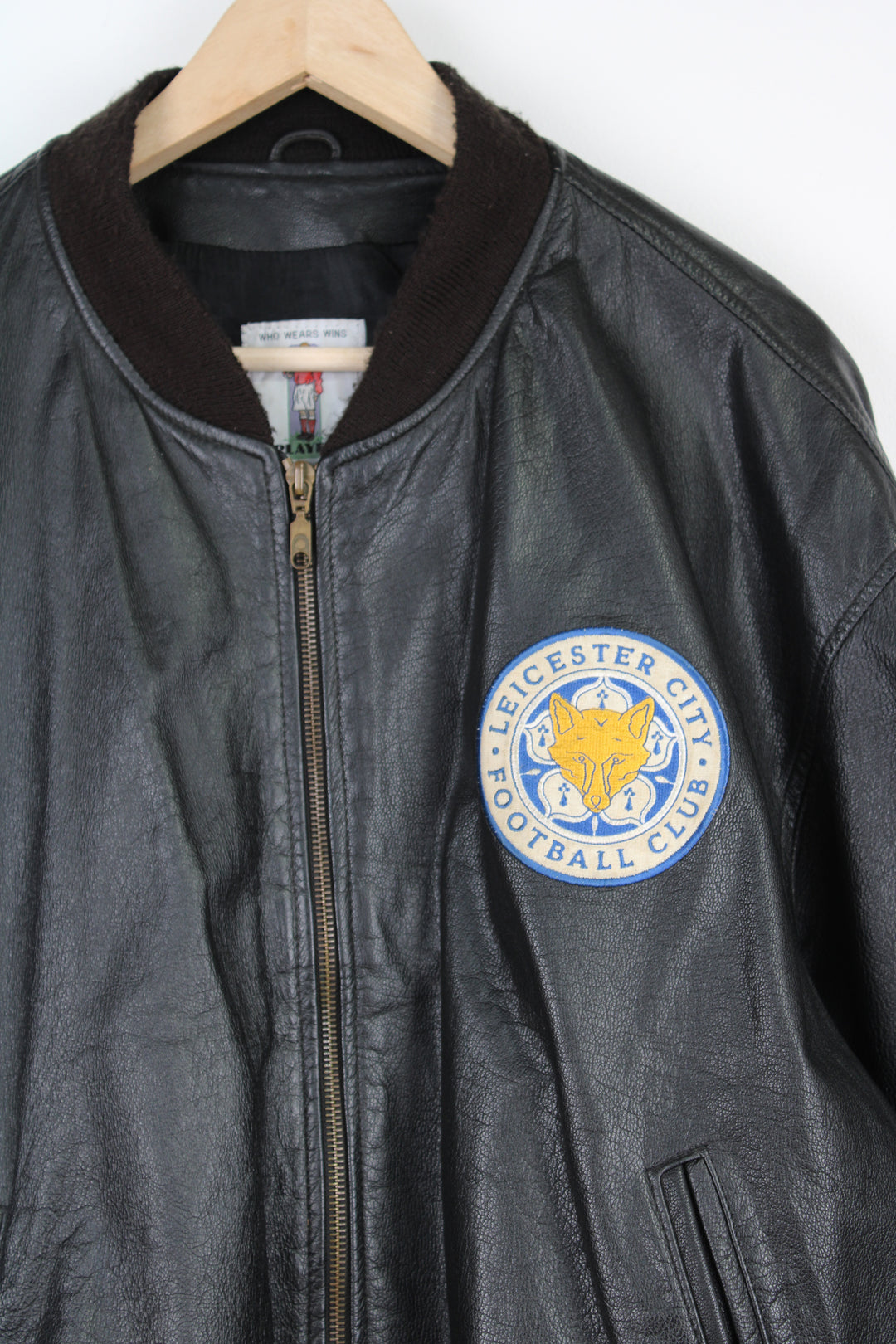 Vintage 90's Leicester City leather bomber jacket with embroidered logos and spell-out details on the front and back