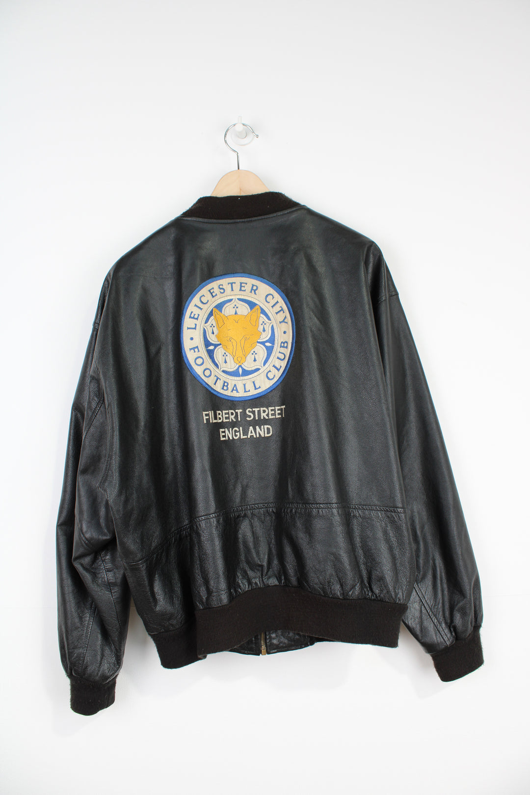 Vintage 90's Leicester City leather bomber jacket with embroidered logos and spell-out details on the front and back