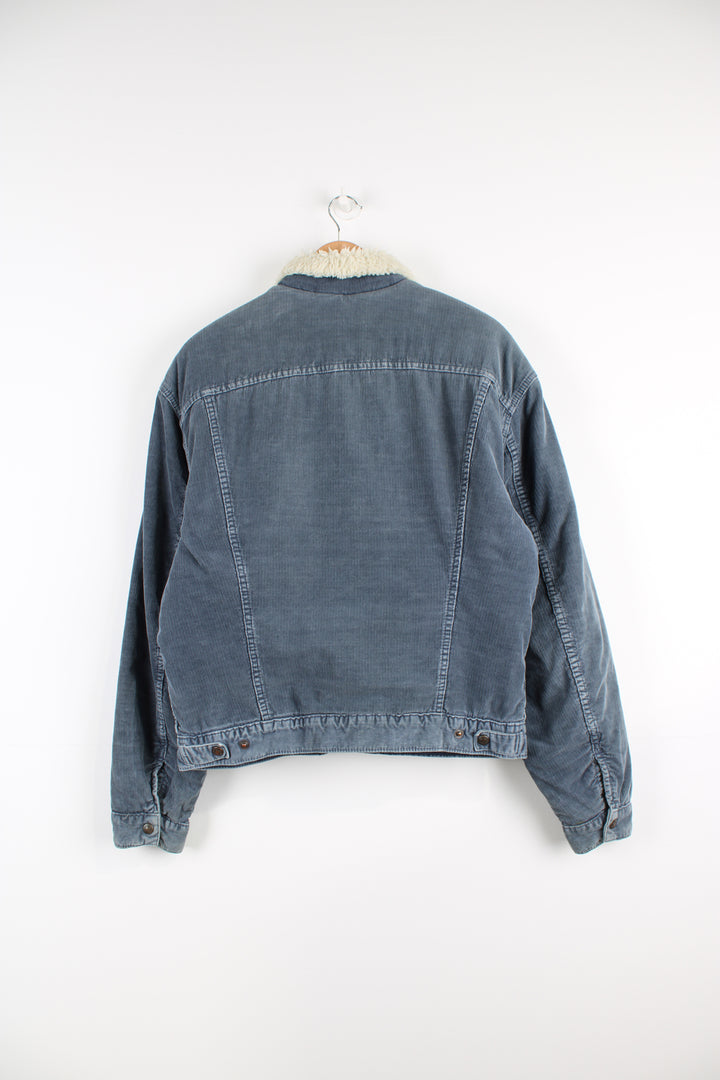 Levi's corduroy jacket in blue, button up with multiple pockets, and has a white sherpa lining. 