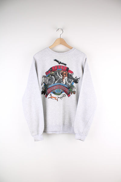 Vintage Zoological Society Of San Diego Graphic Sweatshirt in a grey colourway, and has big graphic animal prints on the front and back.