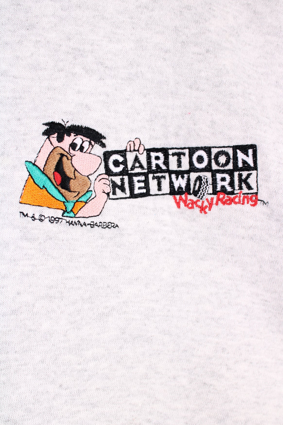 Vintage Cartoon Network Wacky Racing Sweatshirt in a grey colourway with the logo embroidered on the front.