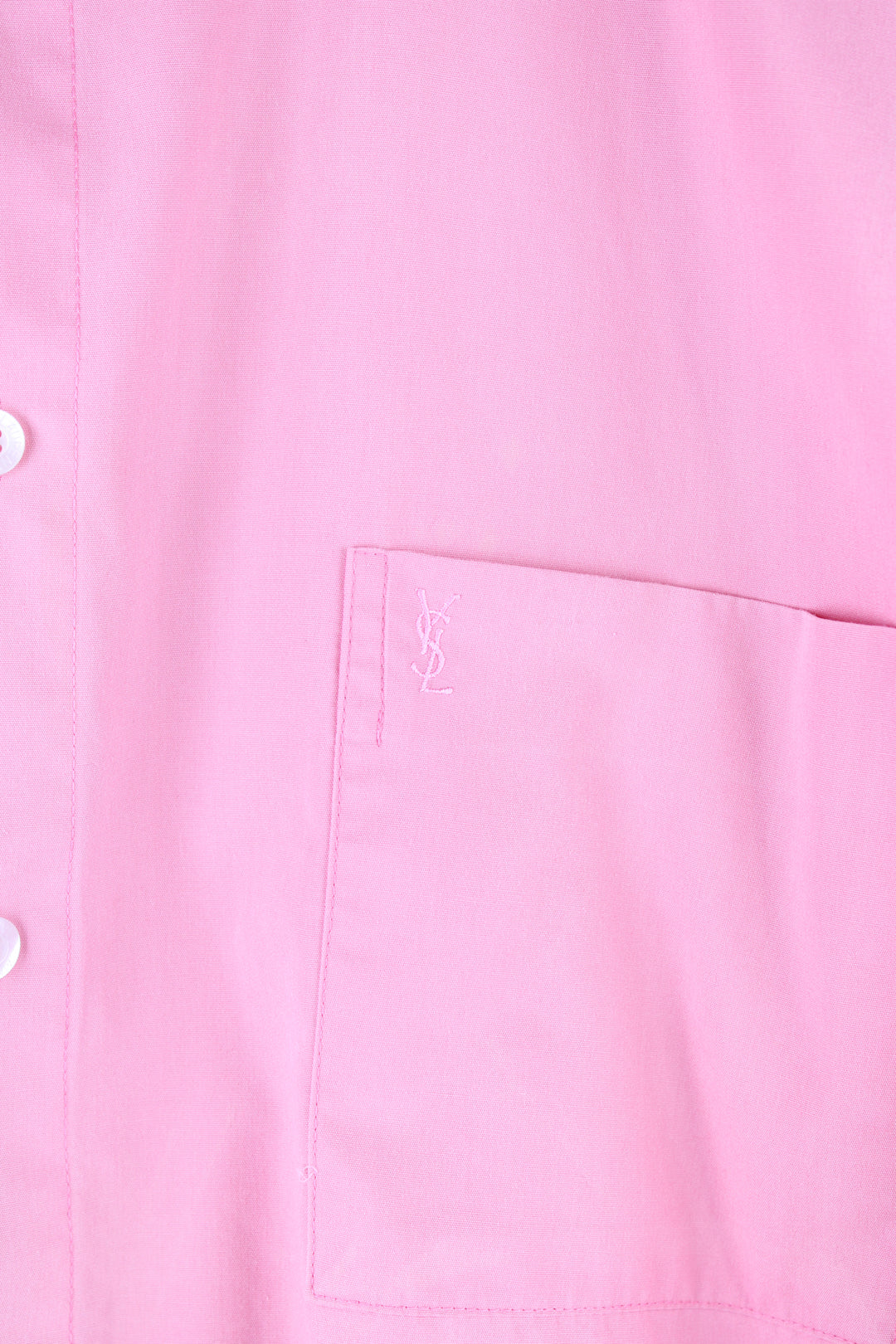 Vintage YSL short sleeve shirt in pink with chest pocket, features embroidered logo on the pocket