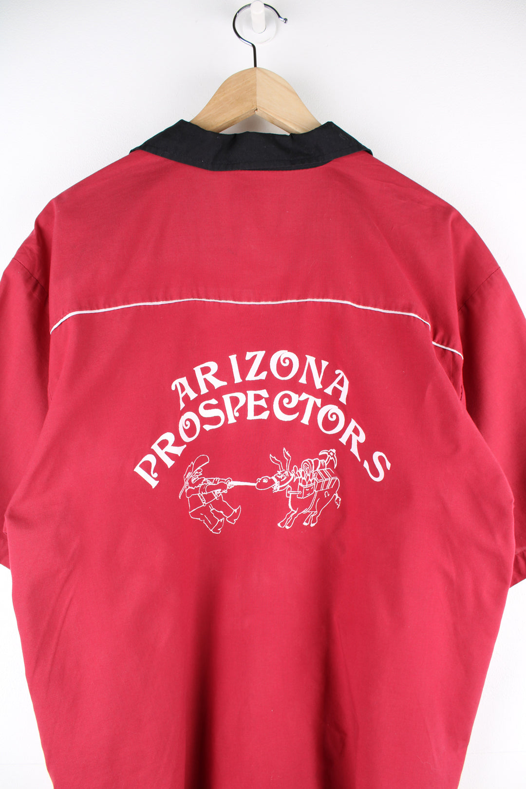 Vintage Crusin USA 'Arizona Prospectors' bowling shirt in red and black features embroidered name 'Ray' on the front and pin on the sleeve 