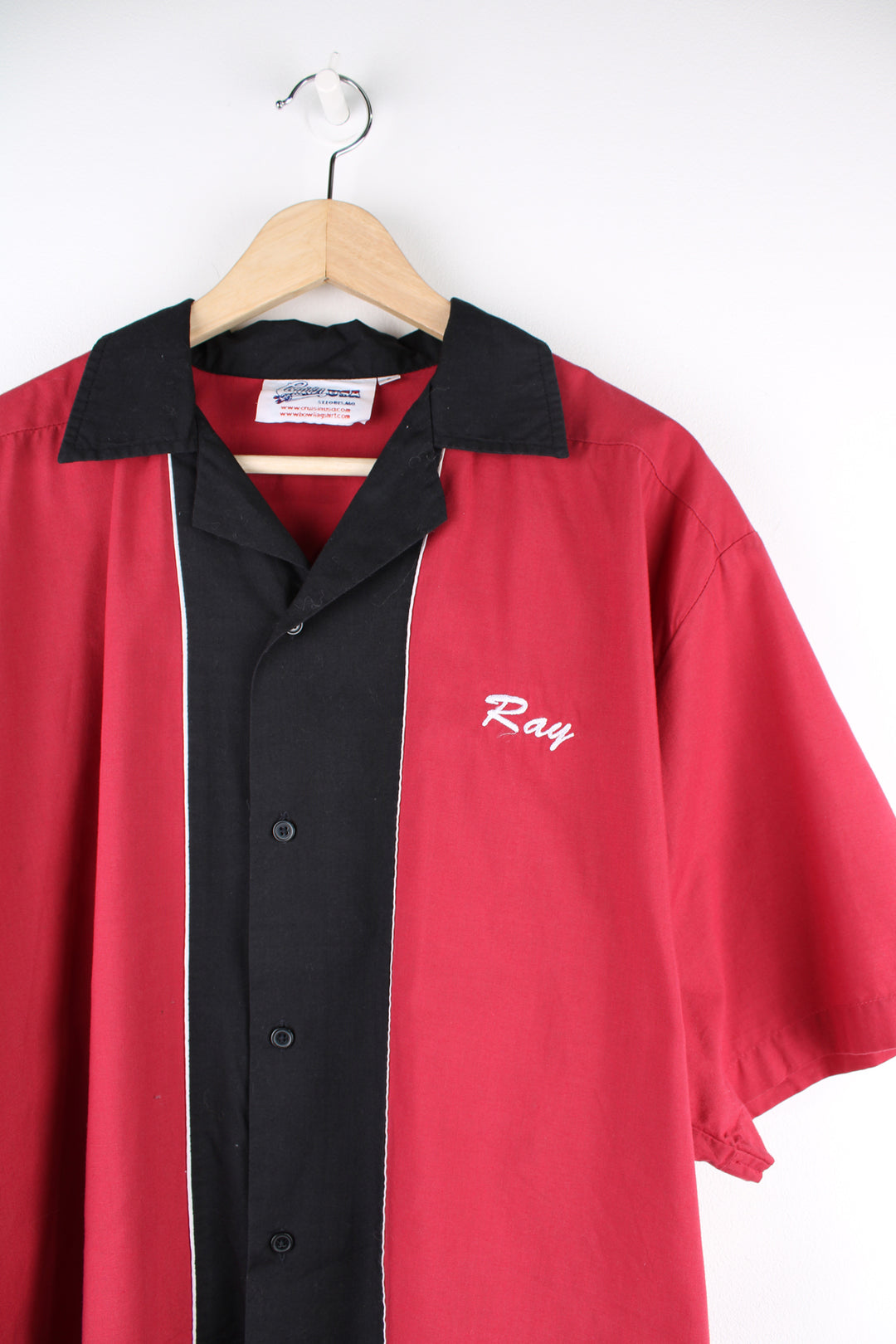 Vintage Crusin USA 'Arizona Prospectors' bowling shirt in red and black features embroidered name 'Ray' on the front and pin on the sleeve 