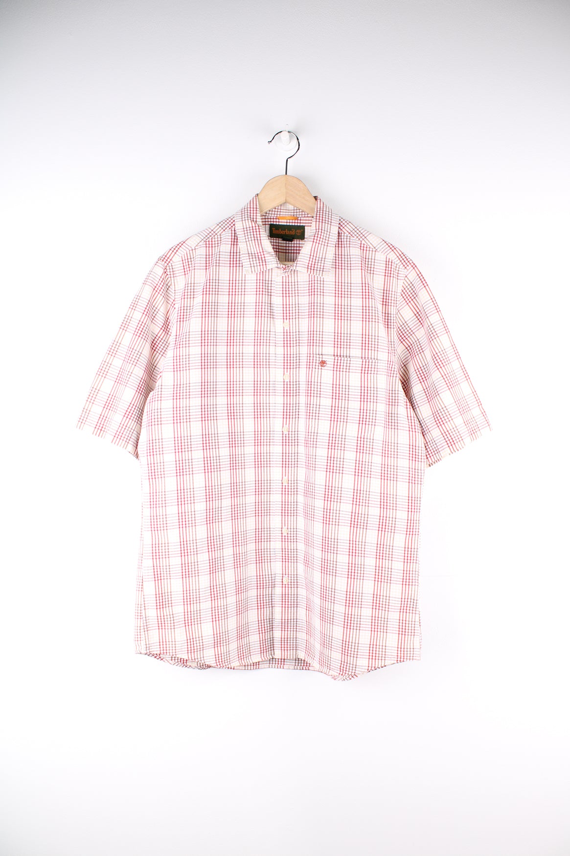 Timberland red, brown and tan plaid cotton shirt, features chest pocket  