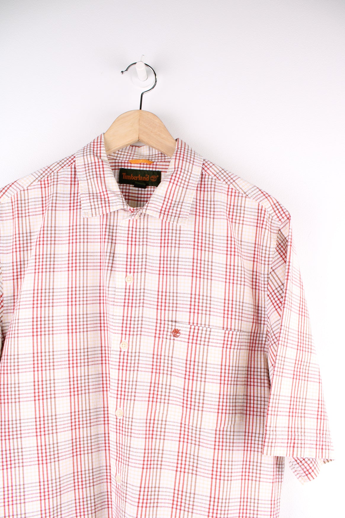 Timberland red, brown and tan plaid cotton shirt, features chest pocket  