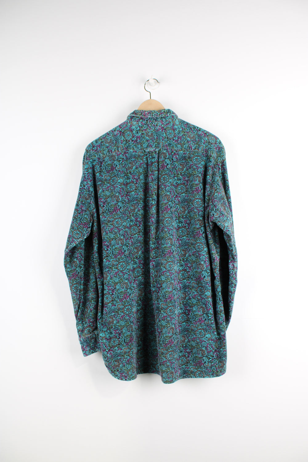 Vintage 90's Colore USA patterned corduroy shirt, green, purple and black colourway, button up with chest pocket.