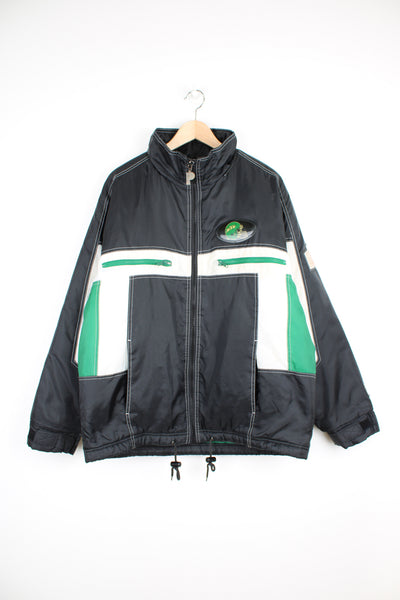Vintage NFL New York Jets Coat in a black, white and green colourway, zip up with multiple pockets, adjustable waist line, and has the logo and spell out embroidered on the front and back.