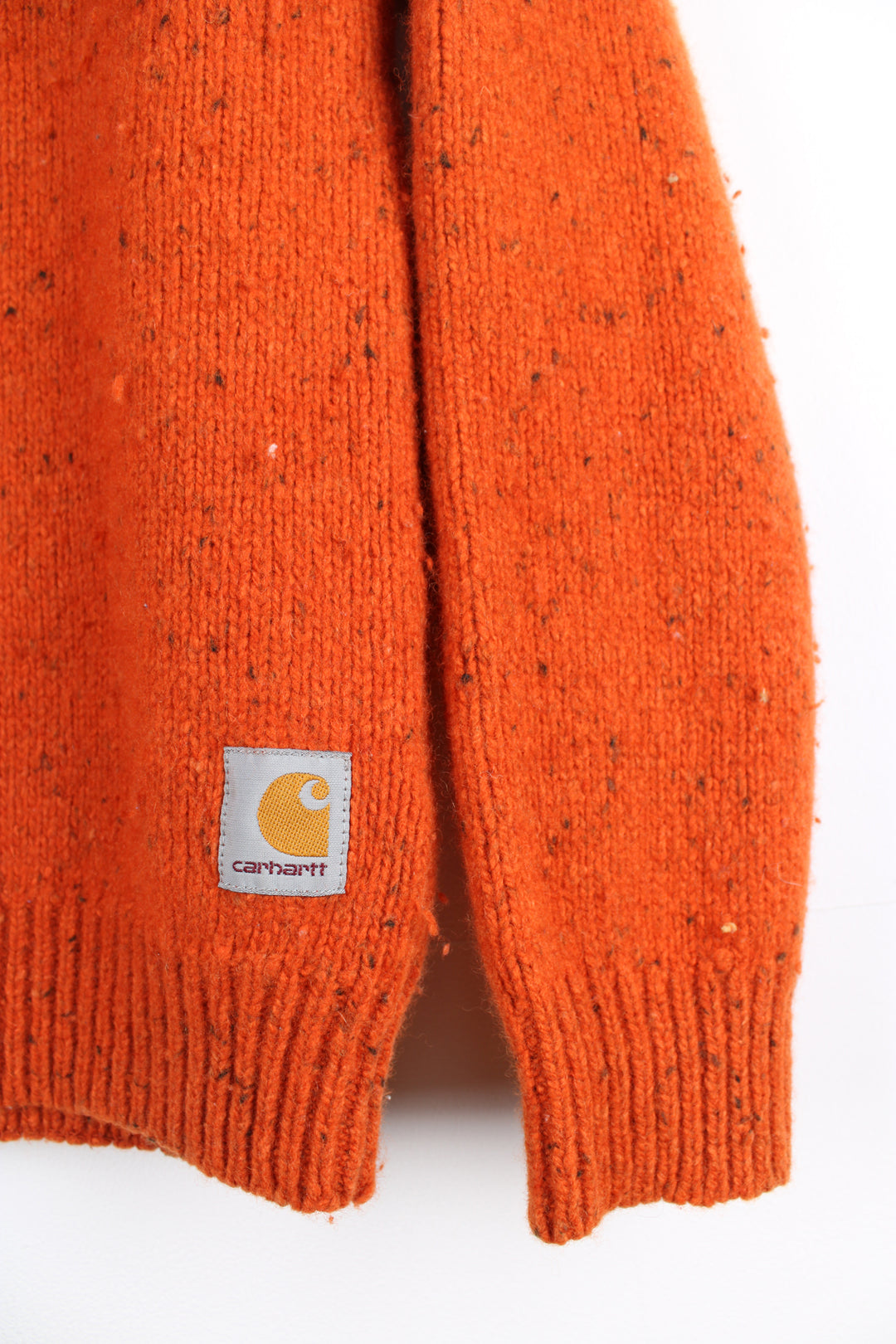 Carhartt orange knit crewneck jumper with small logo on the hem   good condition- some bobbling throughout  Size in Label:  Mens M - Measures more like a S