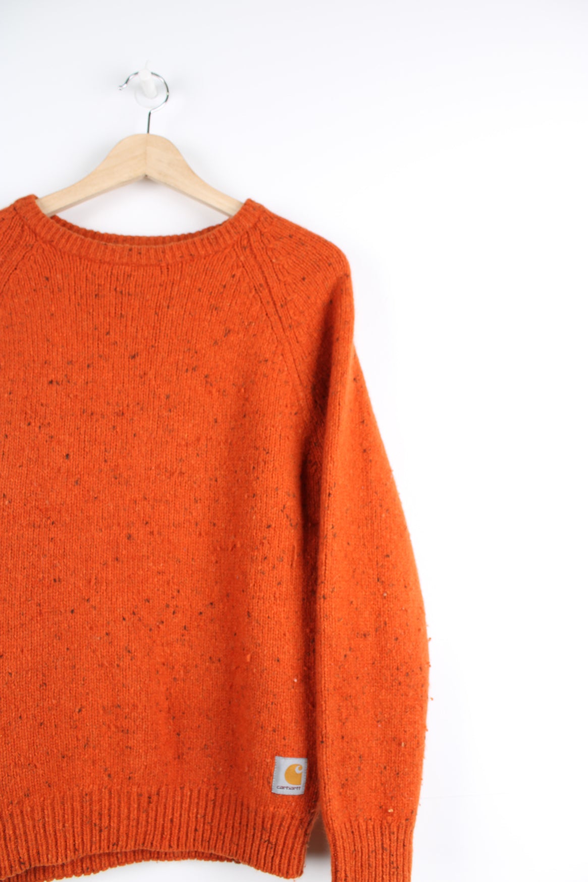 Carhartt orange knit crewneck jumper with small logo on the hem   good condition- some bobbling throughout  Size in Label:  Mens M - Measures more like a S